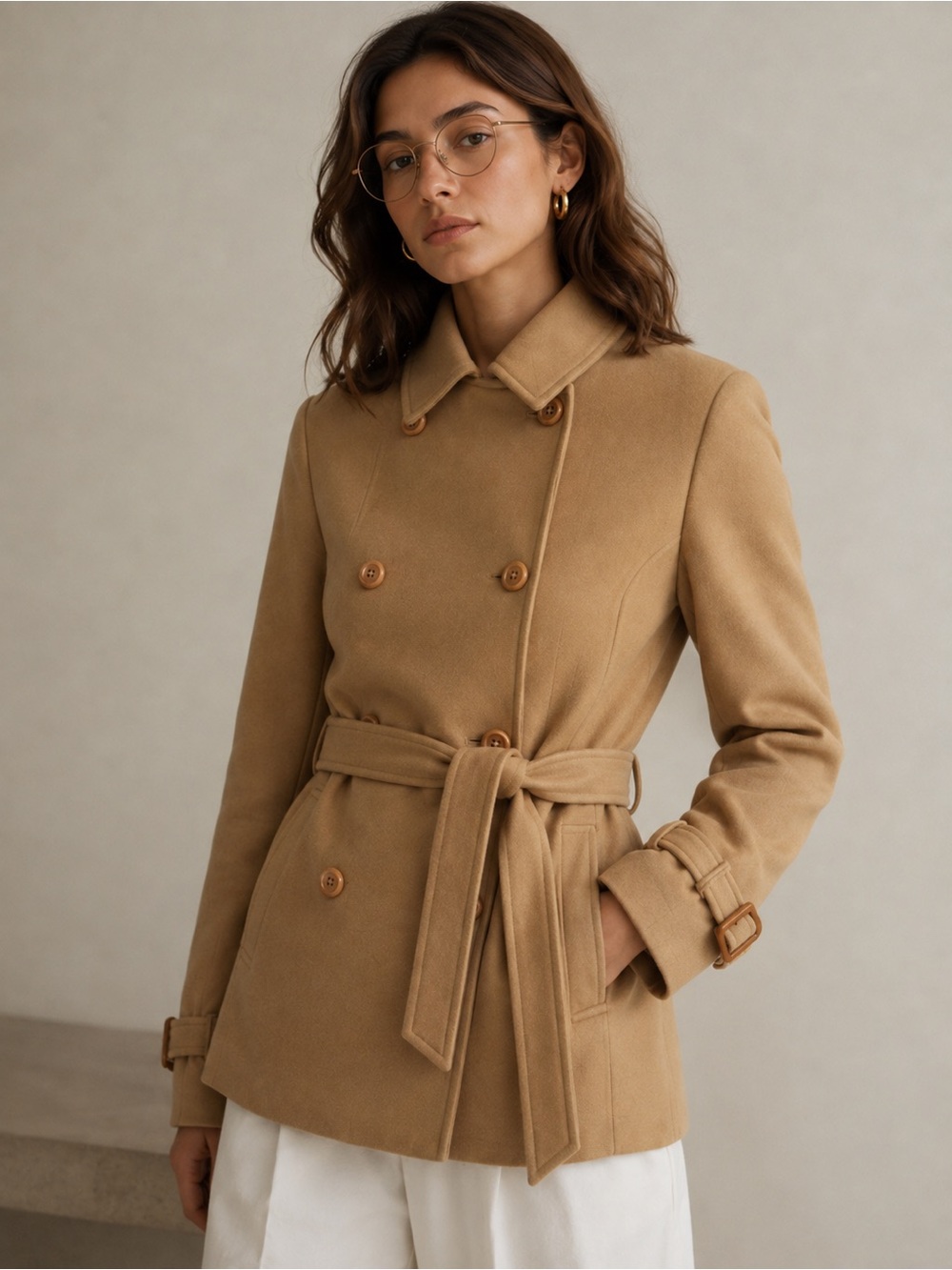 Jones New Signature York Camel Double-Breasted Belted Peacoat size Large